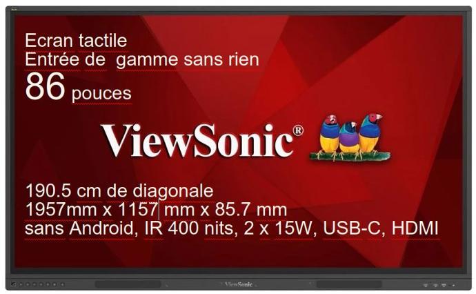 ViewBoard G series écran tactile 86" UHD, sans Android, IR 400 nits, 2 x 15W, USB-C, HDMI REF IFP86G1  REF PG0.0B21